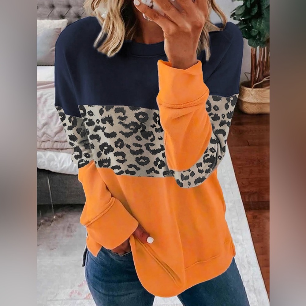 Leopard Print Striped Crew Neck Sweatshirt Tunic Navy Blue Orange Size Medium